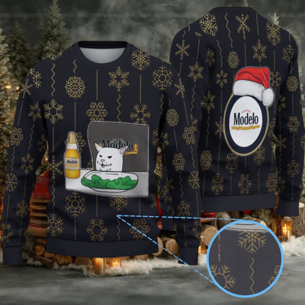 Black & Gold Snowflake Pattern “Modelo Beer Cat Meme & Santa Hat” Ugly Christmas Sweater Black & Gold Snowflake Pattern “Modelo Beer Cat Meme & Santa Hat” Ugly Christmas Sweater