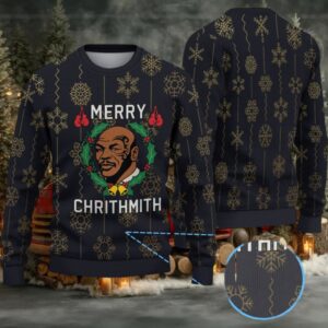 Black Gold Snowflake Ugly Christmas Sweater Mike Tyson Wreath and Boxing Gloves Pattern