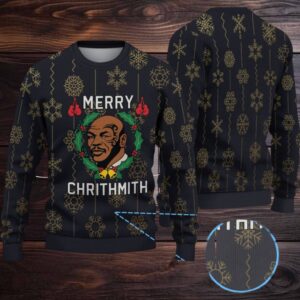 Black Gold Snowflake Ugly Christmas Sweater Mike Tyson Wreath and Boxing Gloves Pattern