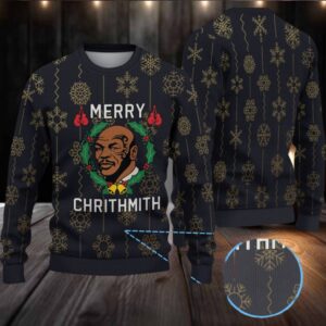 Black Gold Snowflake Ugly Christmas Sweater Mike Tyson Wreath and Boxing Gloves Pattern