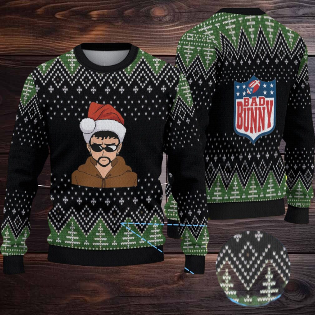 Black & Green Christmas Tree Pattern “Bad Bunny Santa Vibes” Ugly Christmas Sweater Black & Green Christmas Tree Pattern “Bad Bunny Santa Vibes” Ugly Christmas Sweater