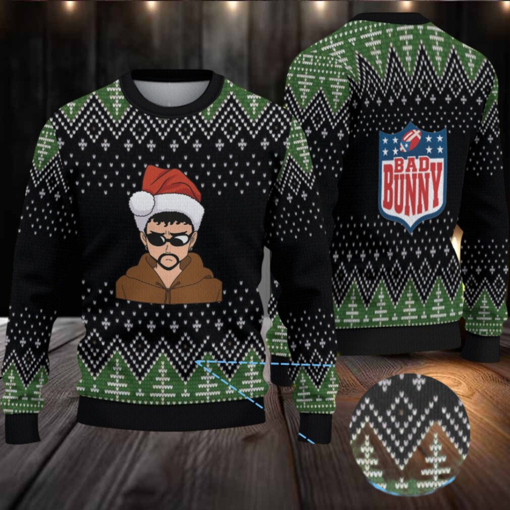 Black & Green Christmas Tree Pattern “Bad Bunny Santa Vibes” Ugly Christmas Sweater Black & Green Christmas Tree Pattern “Bad Bunny Santa Vibes” Ugly Christmas Sweater