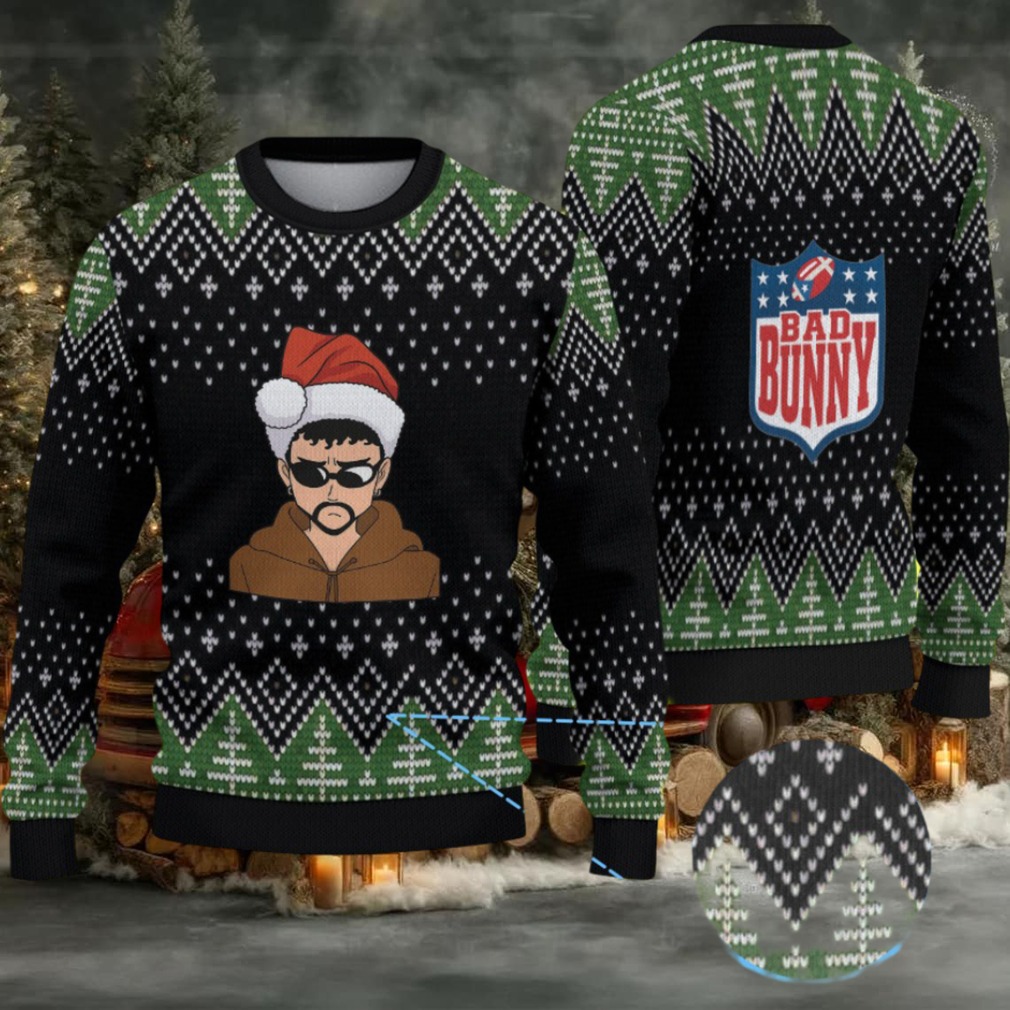 Black & Green Christmas Tree Pattern “Bad Bunny Santa Vibes” Ugly Christmas Sweater Black & Green Christmas Tree Pattern “Bad Bunny Santa Vibes” Ugly Christmas Sweater