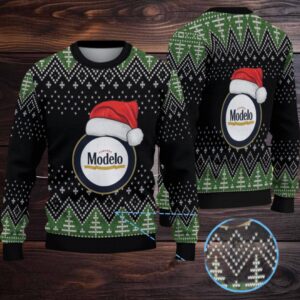 Black & Green Christmas Tree Pattern “Modelo Beer Santa Hat” Ugly Sweater Black & Green Christmas Tree Pattern “Modelo Beer Santa Hat” Ugly Sweater