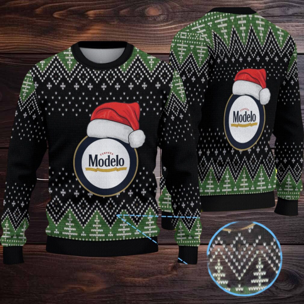 Black & Green Christmas Tree Pattern “Modelo Beer Santa Hat” Ugly Sweater Black & Green Christmas Tree Pattern “Modelo Beer Santa Hat” Ugly Sweater