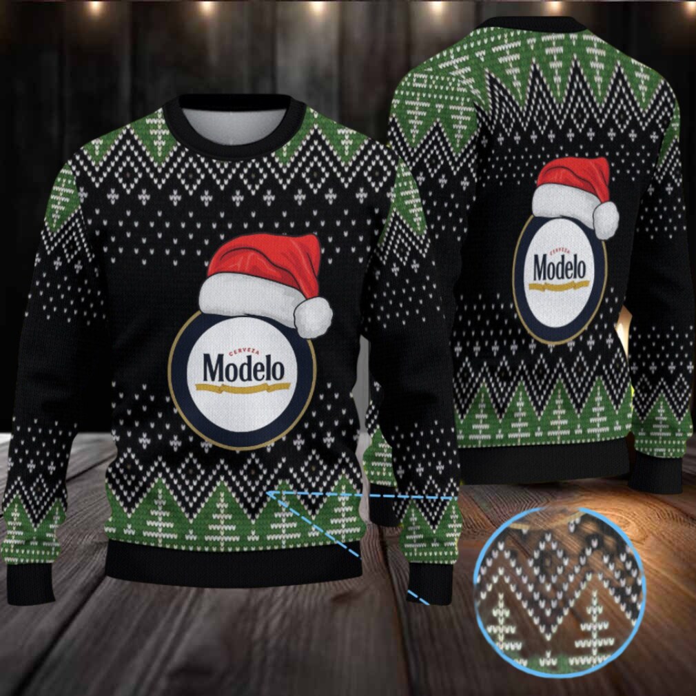 Black & Green Christmas Tree Pattern “Modelo Beer Santa Hat” Ugly Sweater Black & Green Christmas Tree Pattern “Modelo Beer Santa Hat” Ugly Sweater