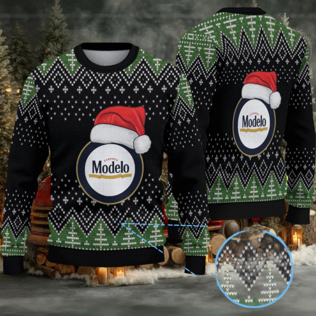 Black & Green Christmas Tree Pattern “Modelo Beer Santa Hat” Ugly Sweater Black & Green Christmas Tree Pattern “Modelo Beer Santa Hat” Ugly Sweater