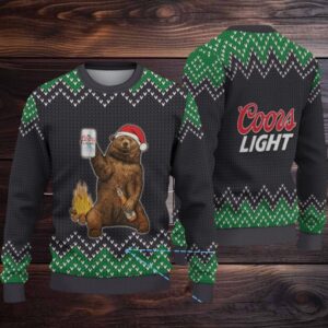 Black & Green Zigzag Pattern “Santa Bear Drinking Coors Light” Ugly Christmas Sweater