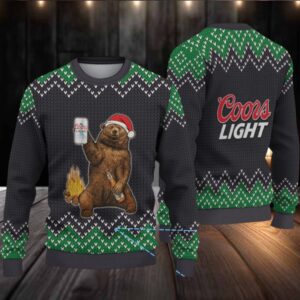 Black & Green Zigzag Pattern “Santa Bear Drinking Coors Light” Ugly Christmas Sweater