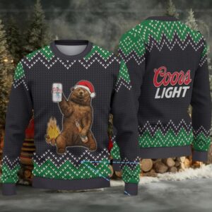 Black & Green Zigzag Pattern “Santa Bear Drinking Coors Light” Ugly Christmas Sweater