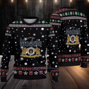 Black, Red & Green Festive Pattern “Modelo Beer Christmas Edition” Ugly Sweater
