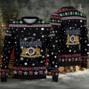 Black, Red & Green Festive Pattern “Modelo Beer Christmas Edition” Ugly Sweater