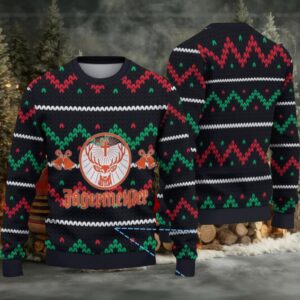 Black Red and Green Zigzag Knit Ugly Christmas Sweater Jagermeister Stag Logo with Bells