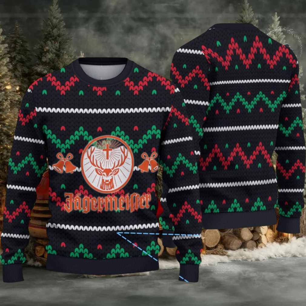 Black Red and Green Zigzag Knit Ugly Christmas Sweater Jagermeister Stag Logo with Bells Black Red and Green Zigzag Knit Ugly Christmas Sweater Jagermeister Stag Logo with Bells