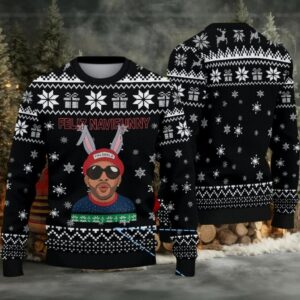 Black Snowflake Fair Isle Ugly Christmas Sweater Bad Bunny with Bunny Ears Feliz Navifunny