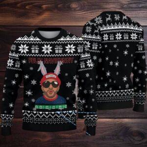 Black Snowflake Fair Isle Ugly Christmas Sweater Bad Bunny with Bunny Ears Feliz Navifunny