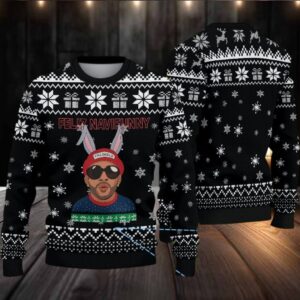 Black Snowflake Fair Isle Ugly Christmas Sweater Bad Bunny with Bunny Ears Feliz Navifunny