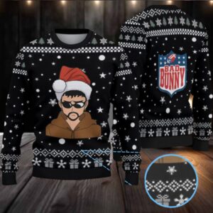Black Snowflake & Gift Pattern “Bad Bunny Santa Mode” Ugly Christmas Sweater