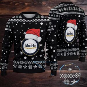 Black Snowflake & Gift Pattern “Modelo Beer Santa Hat” Ugly Christmas Sweater