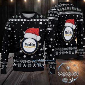 Black Snowflake & Gift Pattern “Modelo Beer Santa Hat” Ugly Christmas Sweater