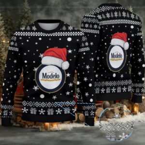 Black Snowflake & Gift Pattern “Modelo Beer Santa Hat” Ugly Christmas Sweater