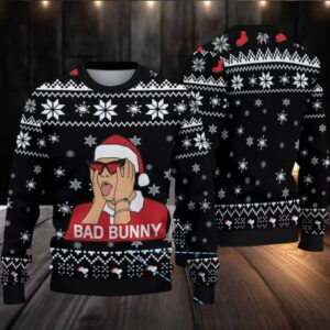 Black Snowflake Knit “Bad Bunny Santa Surprise” Ugly Christmas Sweater