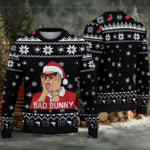Black Snowflake Knit “Bad Bunny Santa Surprise” Ugly Christmas Sweater