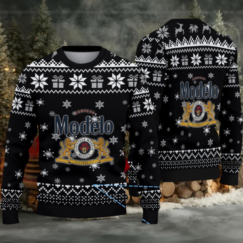 Black & White Snowflake Gift Pattern “Modelo Beer Holiday Edition” Ugly Christmas Sweater Black & White Snowflake Gift Pattern “Modelo Beer Holiday Edition” Ugly Christmas Sweater