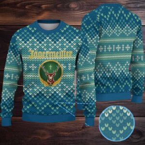 Blue Green Jagermeister Stag Logo Christmas Ugly Sweater