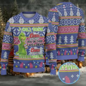 Blue Multi Coors Light Grinch Christmas Tree Pattern Ugly Sweater
