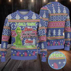 Blue Multi Coors Light Grinch Christmas Tree Pattern Ugly Sweater