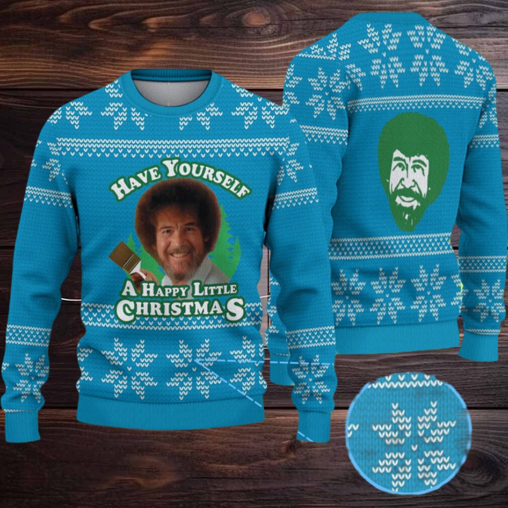 Blue & White Snowflake Pattern “Bob Ross Happy Little Christmas” Ugly Christmas Sweater Blue & White Snowflake Pattern “Bob Ross Happy Little Christmas” Ugly Christmas Sweater