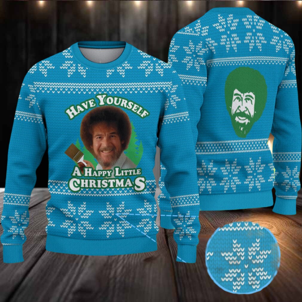 Blue & White Snowflake Pattern “Bob Ross Happy Little Christmas” Ugly Christmas Sweater Blue & White Snowflake Pattern “Bob Ross Happy Little Christmas” Ugly Christmas Sweater
