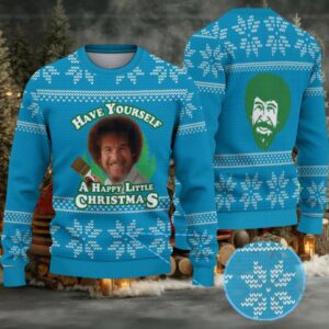 Blue & White Snowflake Pattern “Bob Ross Happy Little Christmas” Ugly Christmas Sweater