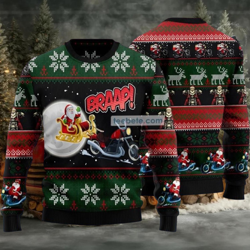 Braap Biker Santa Ugly Sweaters For Christmas Green Crazy Braap Biker Santa Ugly Sweaters For Christmas Green Crazy