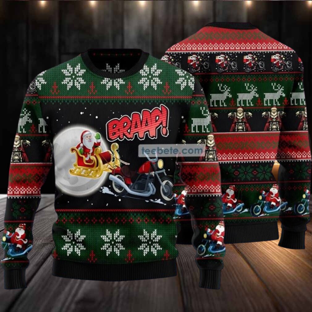 Braap Biker Santa Ugly Sweaters For Christmas Green Crazy Braap Biker Santa Ugly Sweaters For Christmas Green Crazy