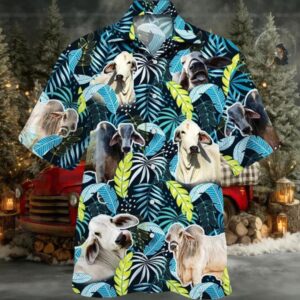 Brahman Cattle Jungle Leaves Hawaiian Shirt