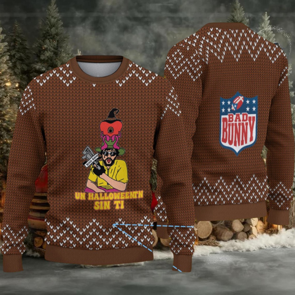 Brown Chevron Knit “Bad Bunny Un Halloween Sin Ti” Ugly Christmas Sweater Brown Chevron Knit “Bad Bunny Un Halloween Sin Ti” Ugly Christmas Sweater