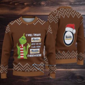 Brown Knit Pattern “Grinch Loves Modelo Beer Everywhere” Ugly Christmas Sweater