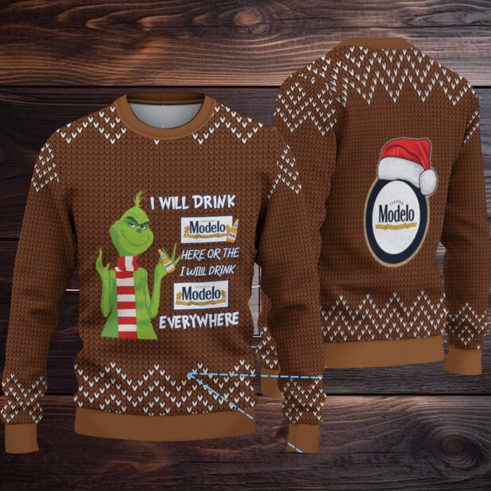 Brown Knit Pattern “Grinch Loves Modelo Beer Everywhere” Ugly Christmas Sweater Brown Knit Pattern “Grinch Loves Modelo Beer Everywhere” Ugly Christmas Sweater