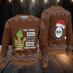 Brown Knit Pattern “Grinch Loves Modelo Beer Everywhere” Ugly Christmas Sweater