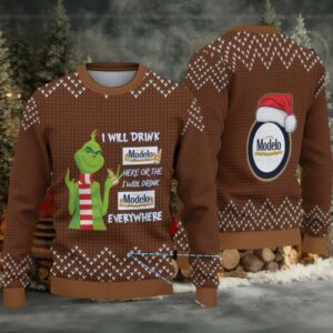 Brown Knit Pattern “Grinch Loves Modelo Beer Everywhere” Ugly Christmas Sweater