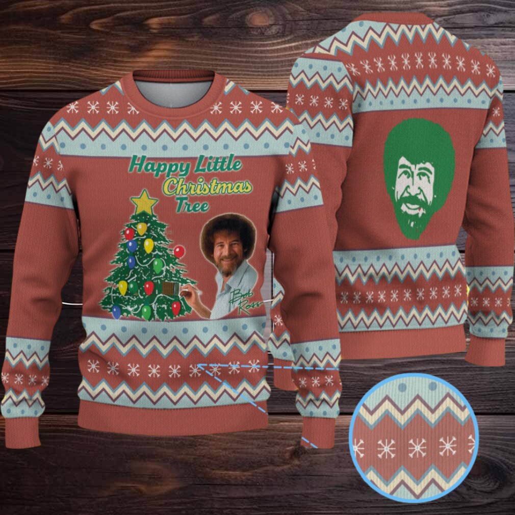 Brown & Light Blue Zigzag Pattern “Bob Ross Happy Little Christmas Tree” Ugly Christmas Sweater Brown & Light Blue Zigzag Pattern “Bob Ross Happy Little Christmas Tree” Ugly Christmas Sweater