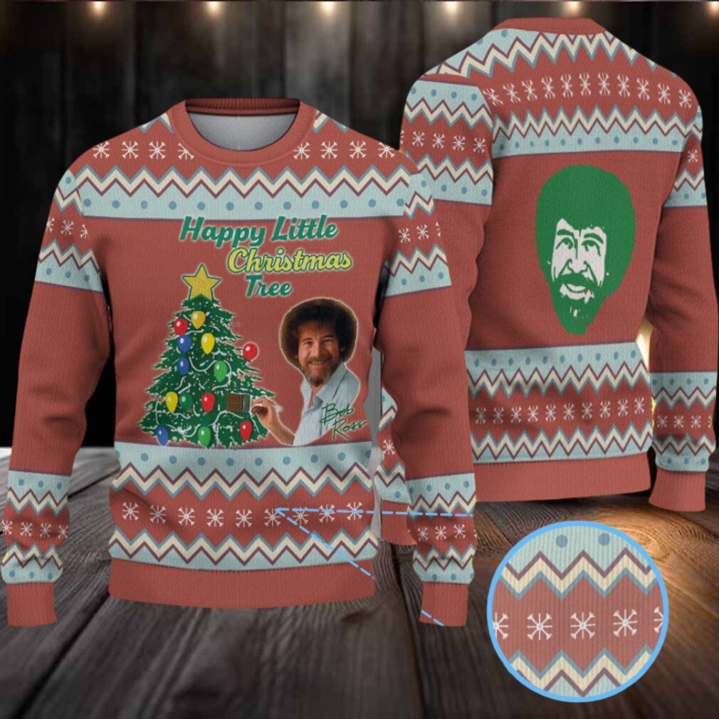 Brown & Light Blue Zigzag Pattern “Bob Ross Happy Little Christmas Tree” Ugly Christmas Sweater Brown & Light Blue Zigzag Pattern “Bob Ross Happy Little Christmas Tree” Ugly Christmas Sweater