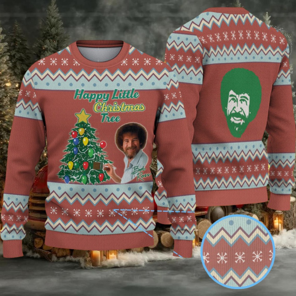 Brown & Light Blue Zigzag Pattern “Bob Ross Happy Little Christmas Tree” Ugly Christmas Sweater Brown & Light Blue Zigzag Pattern “Bob Ross Happy Little Christmas Tree” Ugly Christmas Sweater