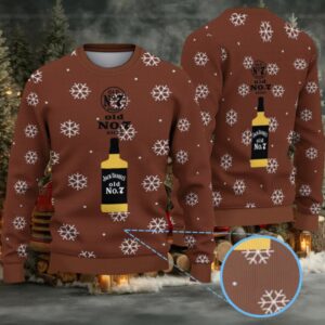 Brown Snowflake Ugly Christmas Sweater Jack Daniel’s Old No. 7 Whiskey Bottle Pattern