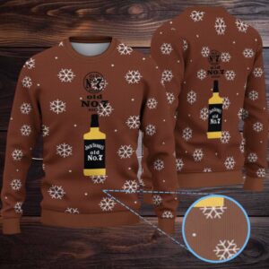 Brown Snowflake Ugly Christmas Sweater Jack Daniel’s Old No. 7 Whiskey Bottle Pattern