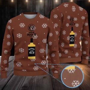 Brown Snowflake Ugly Christmas Sweater Jack Daniel’s Old No. 7 Whiskey Bottle Pattern