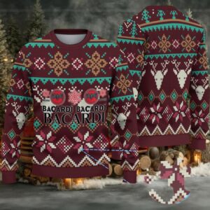 Burgundy Fair Isle Reindeer & Poinsettia Bacardi Ugly Christmas Sweater