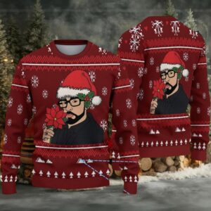 Burgundy Fair Isle Snowflake Ugly Christmas Sweater Bad Bunny in Santa Hat with Poinsettia and Winter Pattern